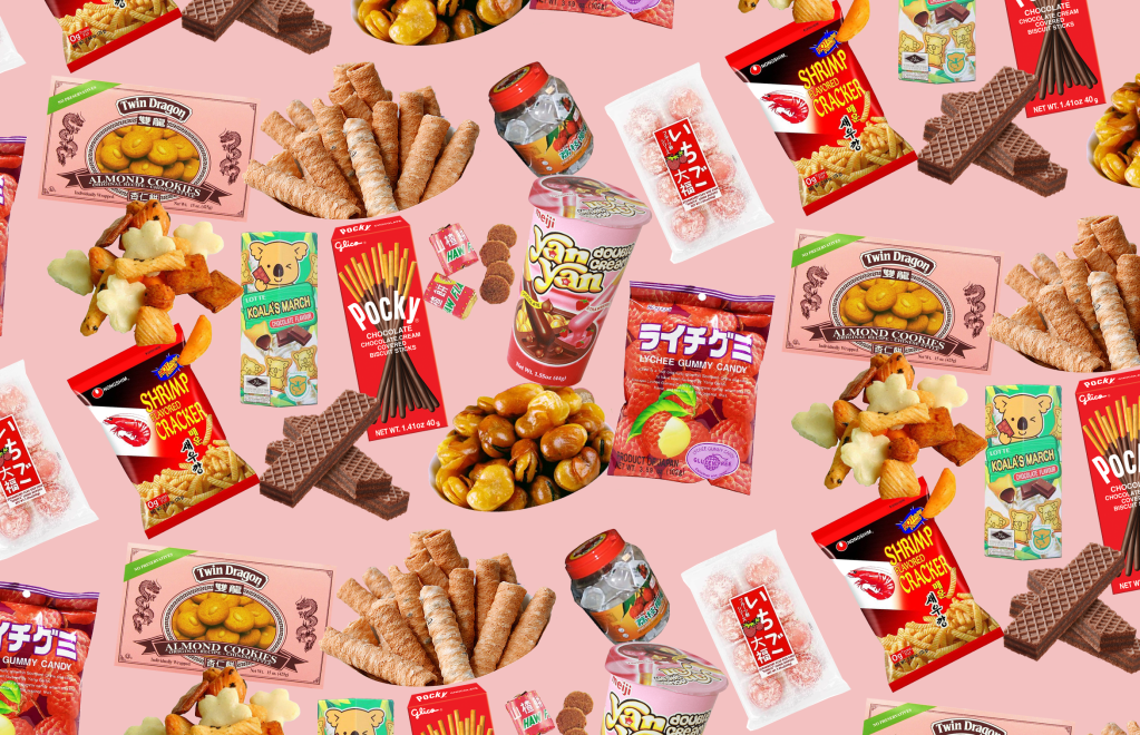 A pink graphic featuring various East Asian snacks: twin dragon almond cookies, coconut/pandan rolls, wasabi rice cracker trail mix, koala's march, lychee jelly cups, haw flakes, shrimp crackers, chocolate wafers, pocky, yan yan, broad beans, lychee gummy candy, and mochi.